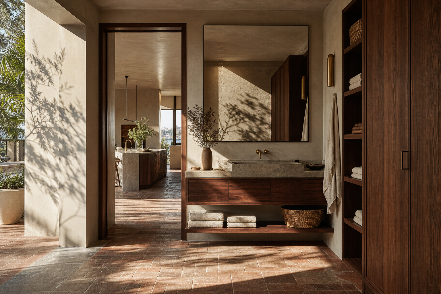 Fadior Sydney 120 sqm Kitchen Apartment — Sydney bath vanity with cabinet, stone counter, mirror, towel shelf, terracotta floor, wood wardrobe, and sun shadows