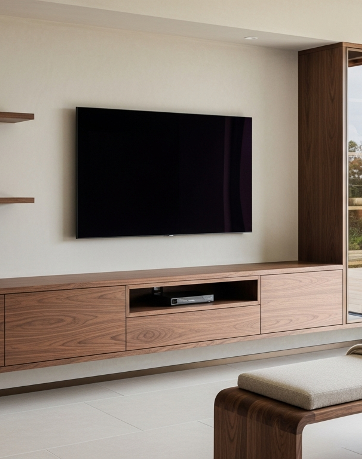 Fadior Essence Media Console — lifestyle setting with natural light and residential styling
