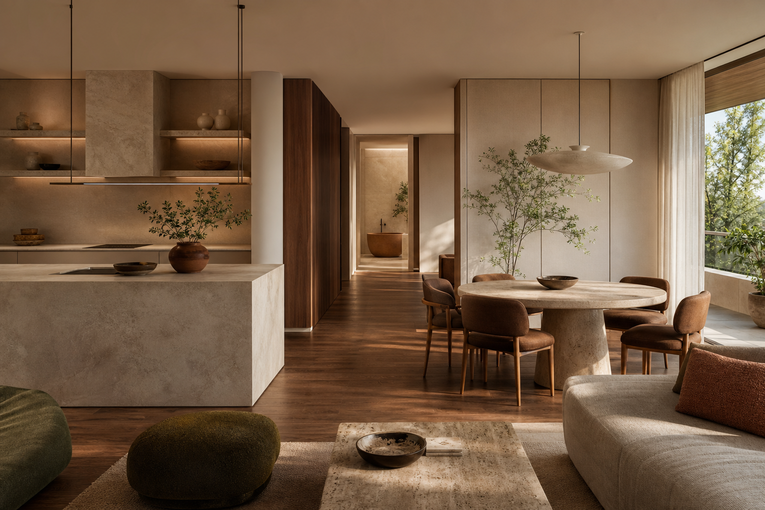 Fadior The Designer’s Canvas: How Fantini and SieMatic Are Redefining the Luxury Kitchen and Bath as a Unified Sensory Experience — kitchen island, dining table, lounge sofa, cabinet wall, balcony trees, vanity doorway