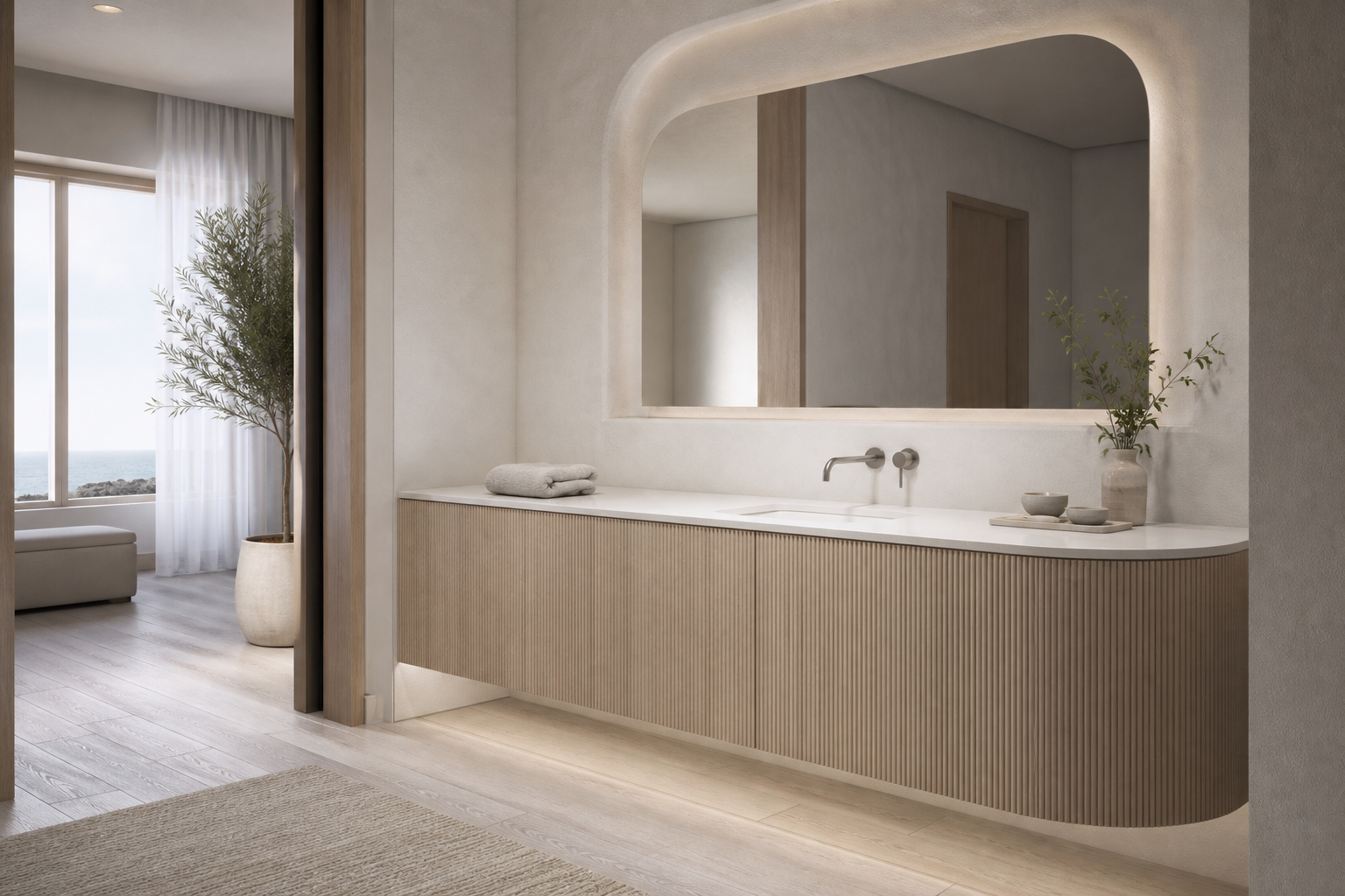 Fadior Solstice Bath and Vanity Suite with Ribbed Crescent Vanity Wall — lifestyle setting with natural light and residential styling