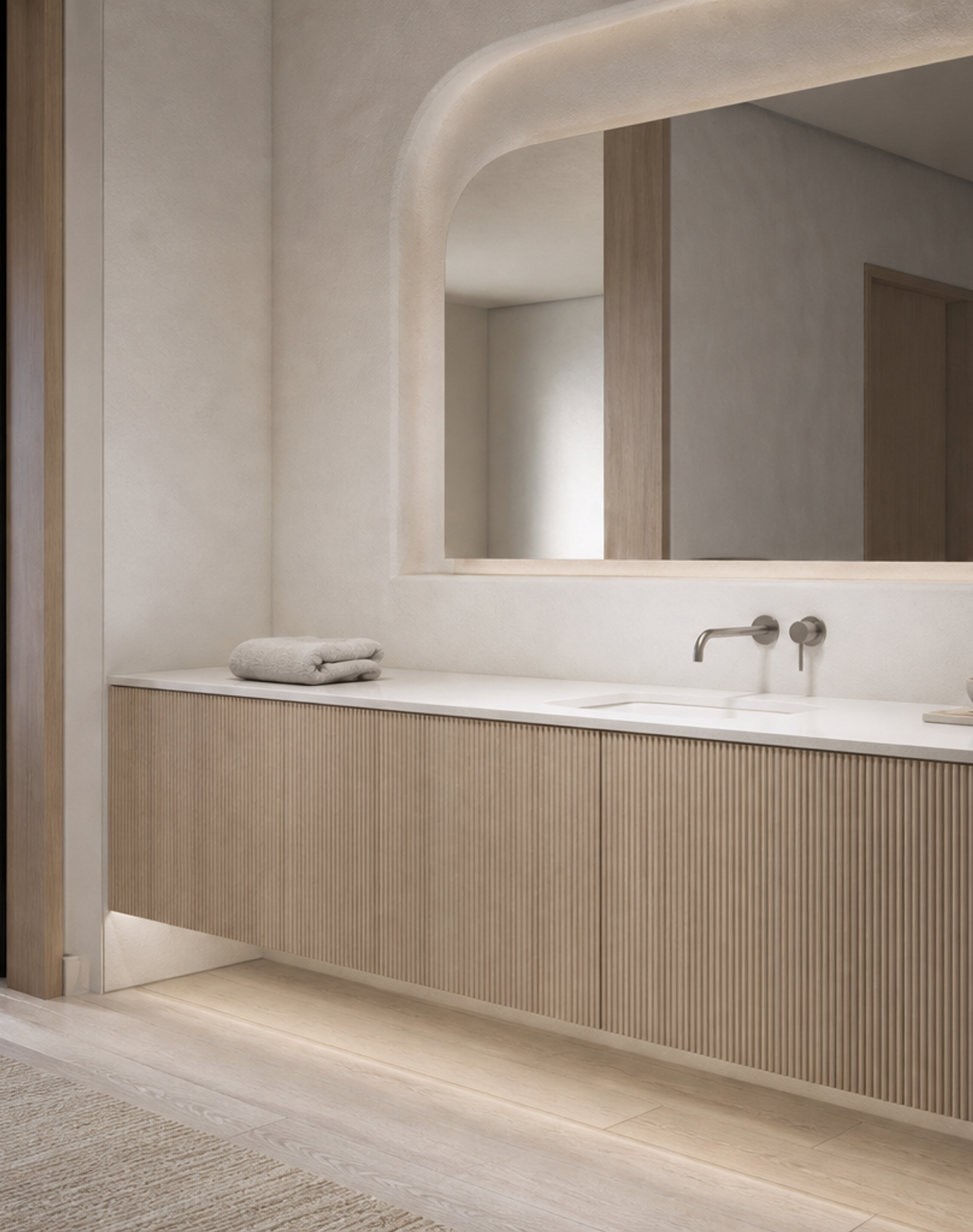 Fadior Solstice Bath and Vanity Suite with Ribbed Crescent Vanity Wall — lifestyle setting with natural light and residential styling