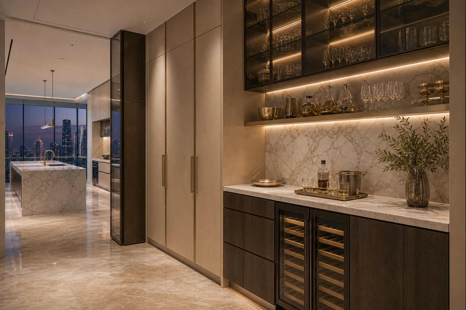 Fadior Dubai 280 sqm Kitchen Penthouse — Dubai service pantry with tall storage panels, glass shelves, beverage counter,