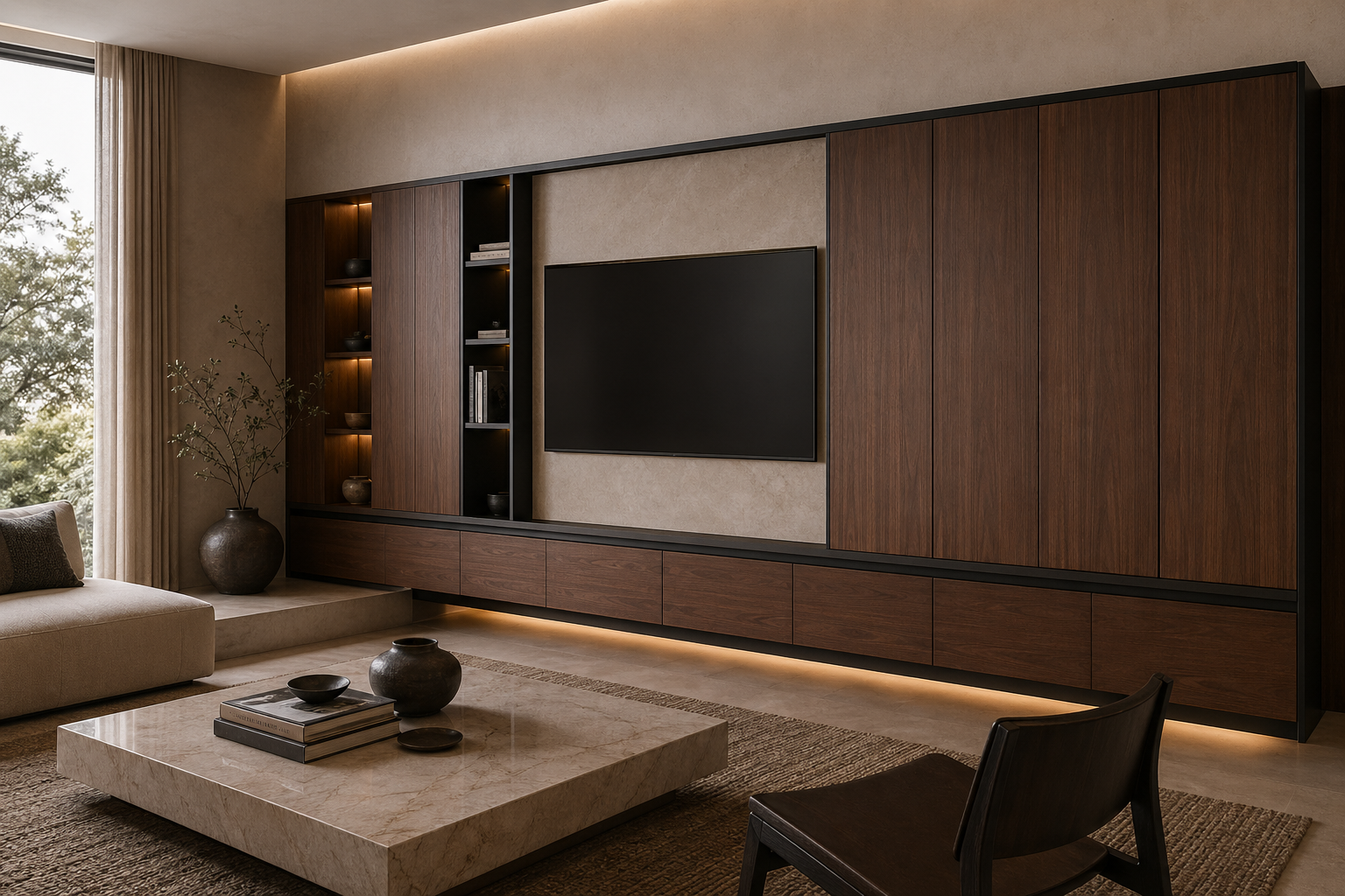 Fadior Galleria Living Room Suite with Walnut Shadow Media Wall — lifestyle setting with natural light and residential styling
