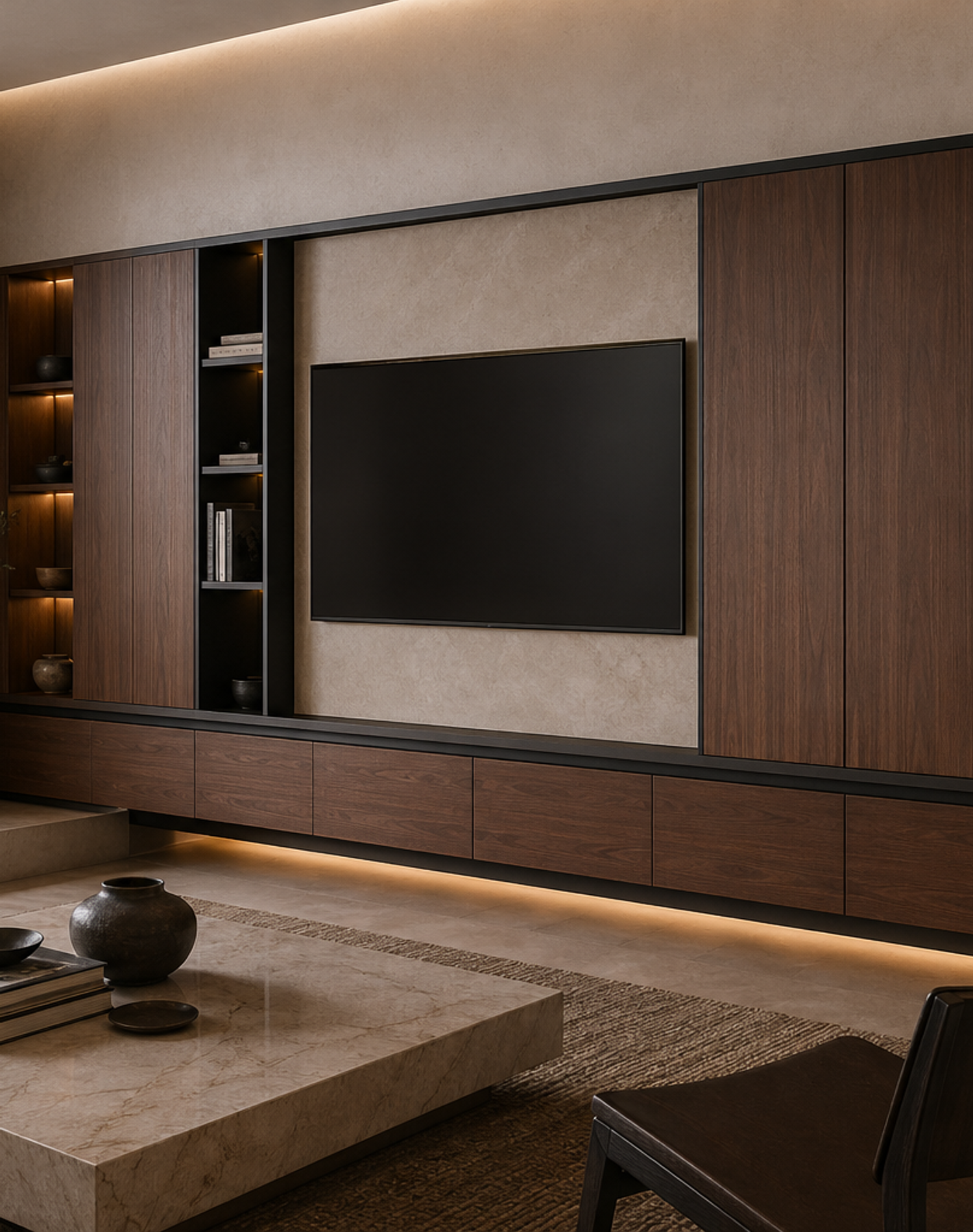 Fadior Galleria Living Room Suite with Walnut Shadow Media Wall — lifestyle setting with natural light and residential styling