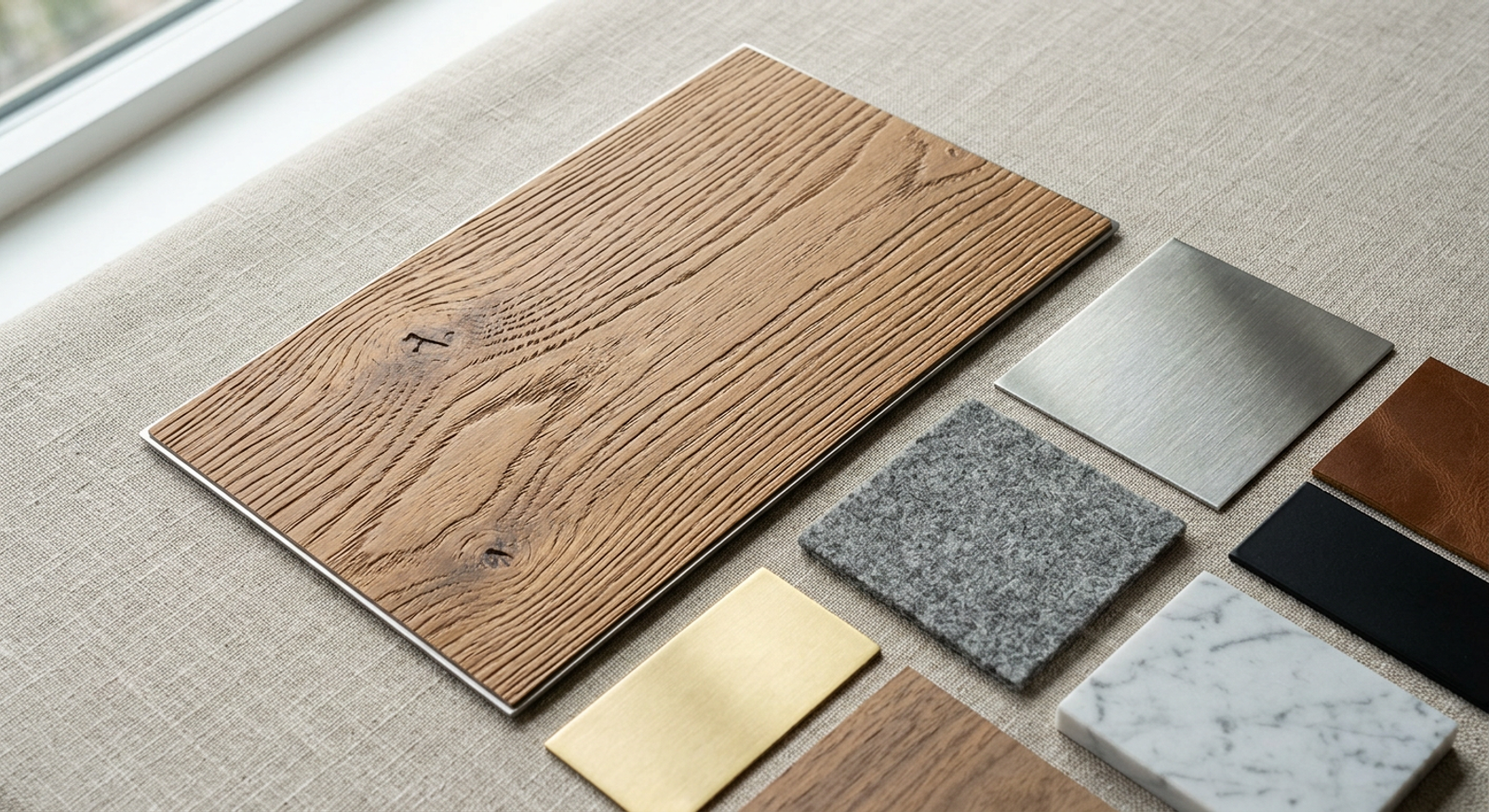 3D Wood Grain Transfer Film material palette with complementary finishes