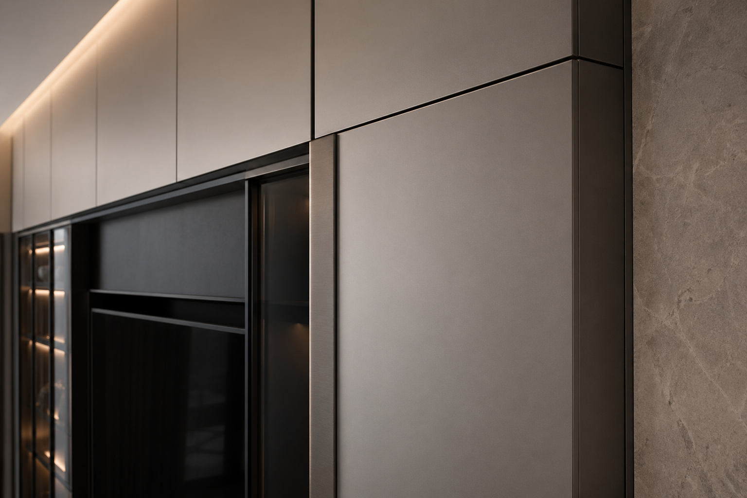 Fadior Essence Living Room Suite with Satin Shadow Media Wall — close-up of stainless steel finish and hardware detail