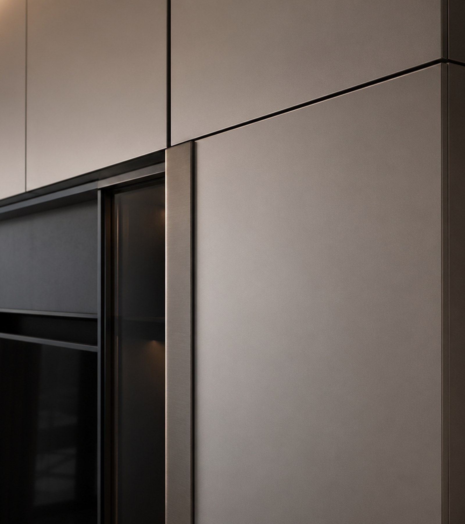 Fadior Essence Living Room Suite with Satin Shadow Media Wall — close-up of stainless steel finish and hardware detail