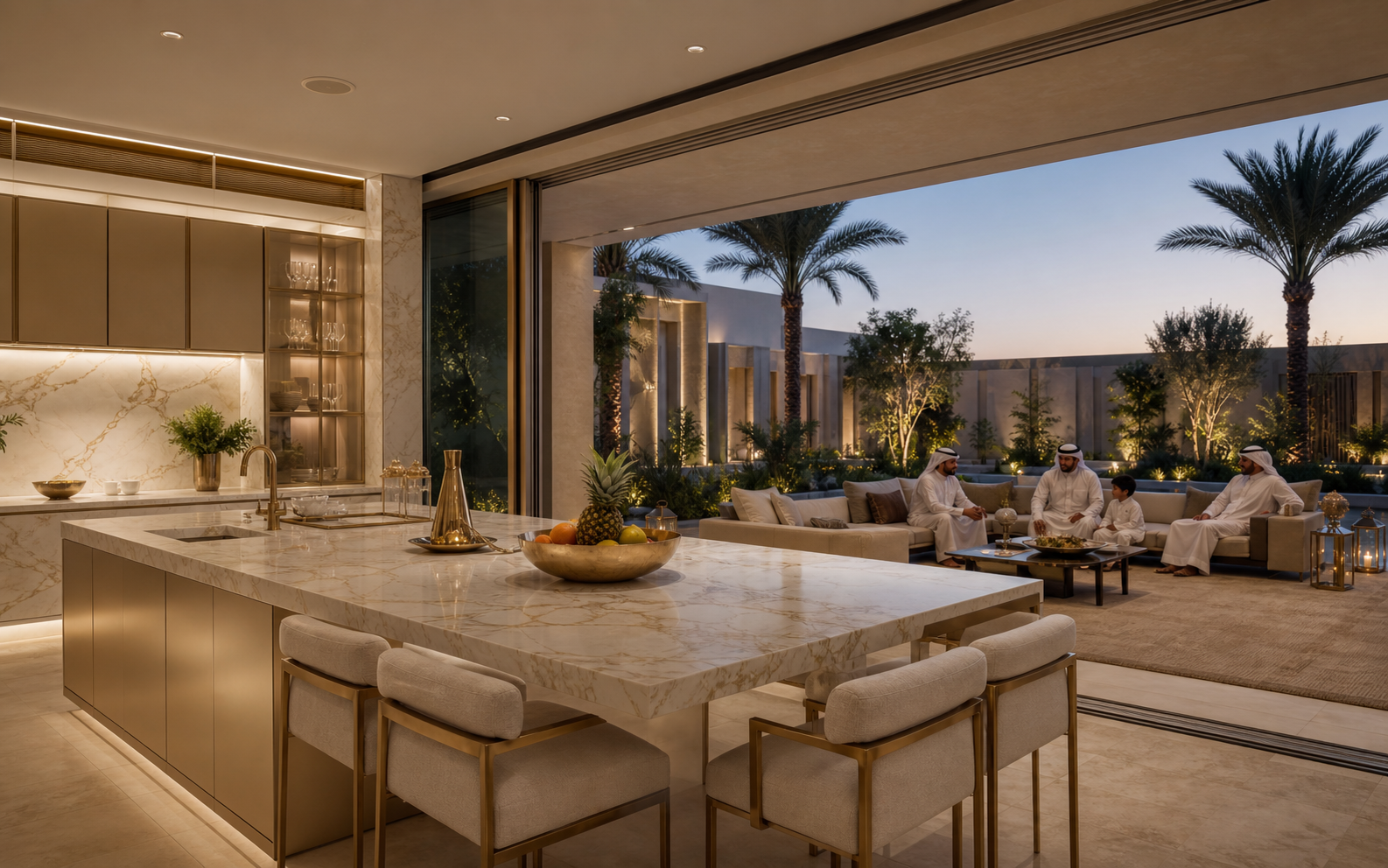 Fadior Abu Dhabi Garden Courtyard Villa — marble counter, champagne cabinets, courtyard palms, outdoor sofa, family terrace