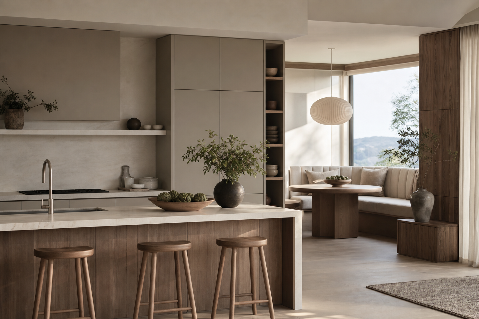 Calm custom kitchen prepared for family cooking and relaxed weekend hosting.