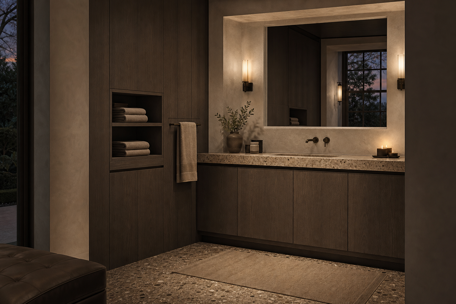 Fadior Verve Bath and Vanity Suite with Cafe Towel Service Wall — lifestyle setting with natural light and residential