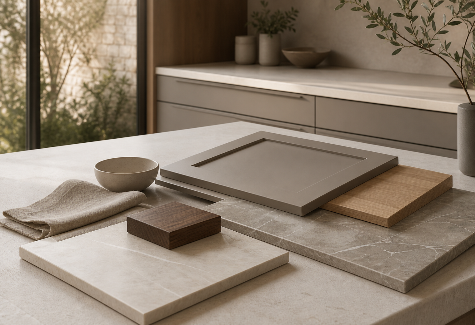 Material mood study with warm grey cabinet sample, pale stone, oak, walnut, and linen.