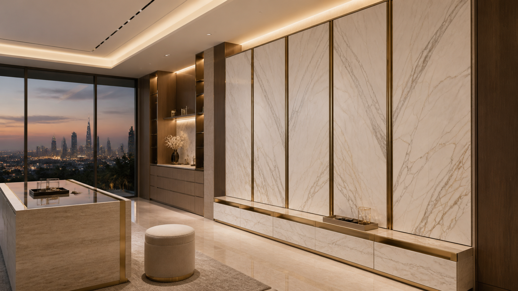 Fadior Elementum Wardrobe Suite with Calacatta Valet Plinth — lifestyle setting with natural light and residential styling