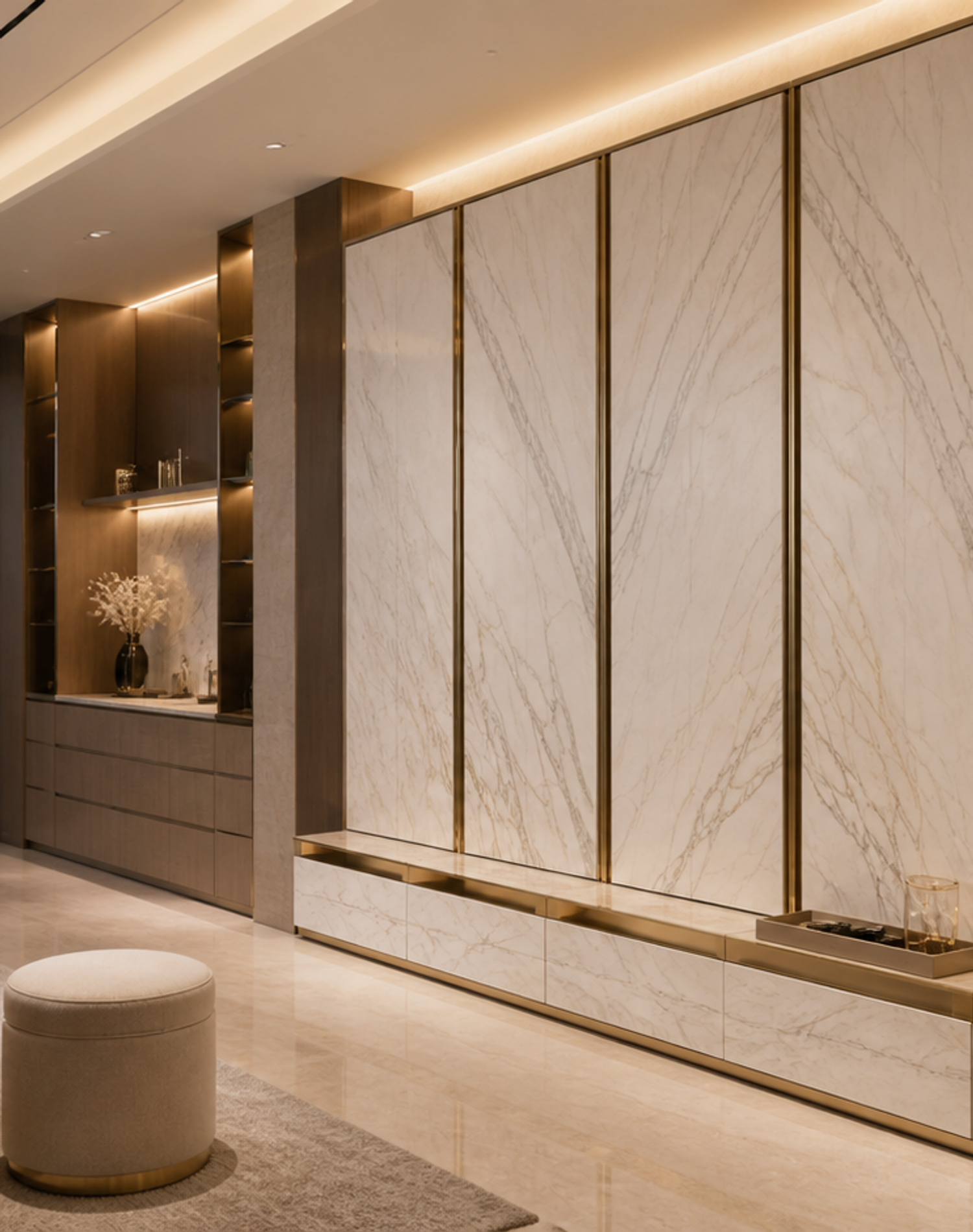 Fadior Elementum Wardrobe Suite with Calacatta Valet Plinth — lifestyle setting with natural light and residential styling