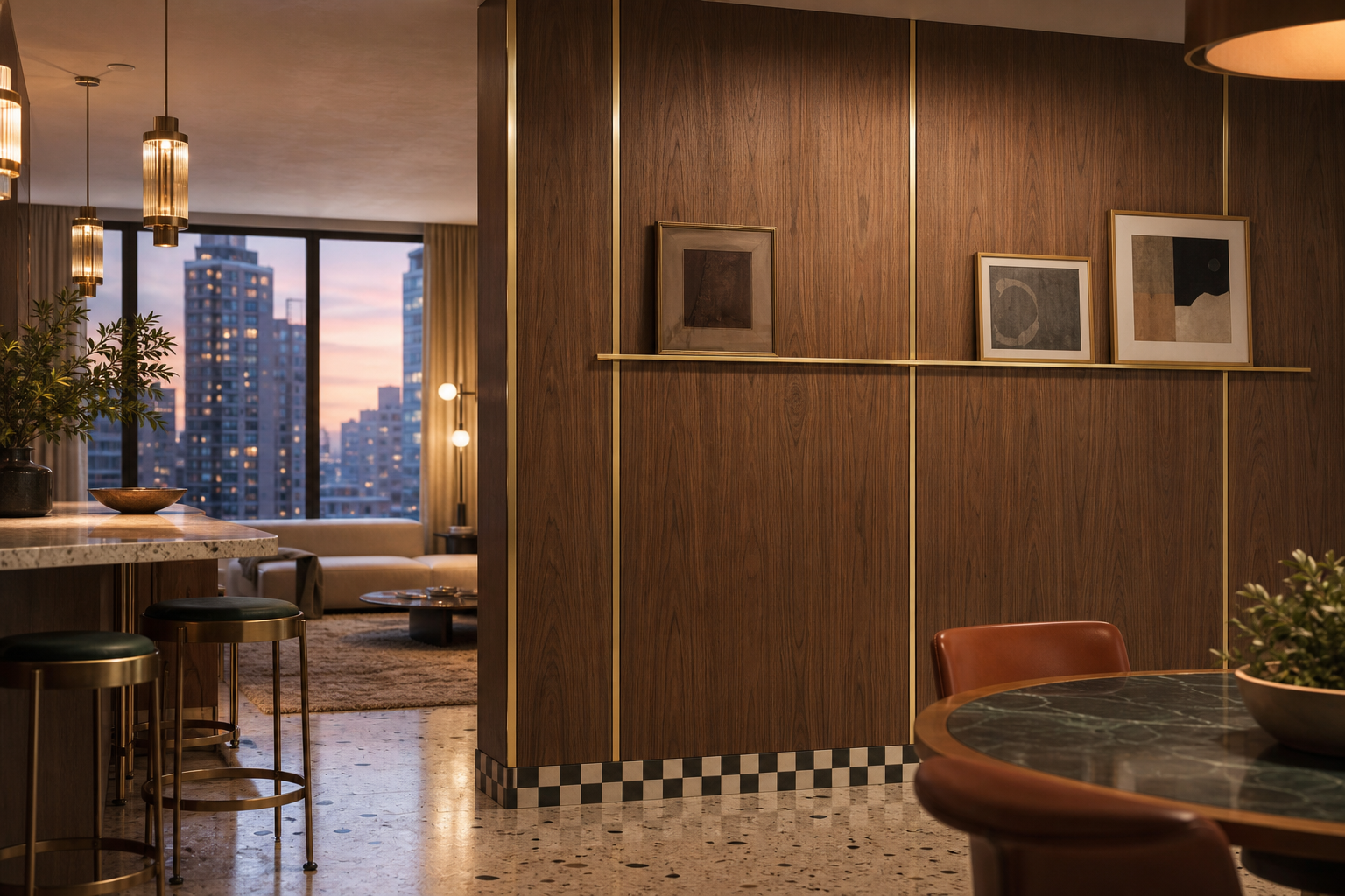 Fadior Terrazzo Wall Panel Suite with Aged Brass Picture Rail — interior room context showing cabinet integration