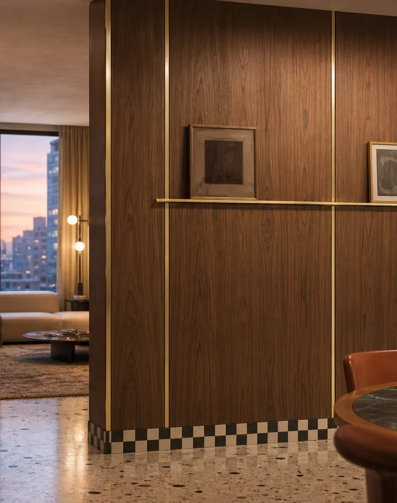 Suite de Panel de Pared Terrazzo con Barra Portacuadros de Latón Envejecido perspectiva interior