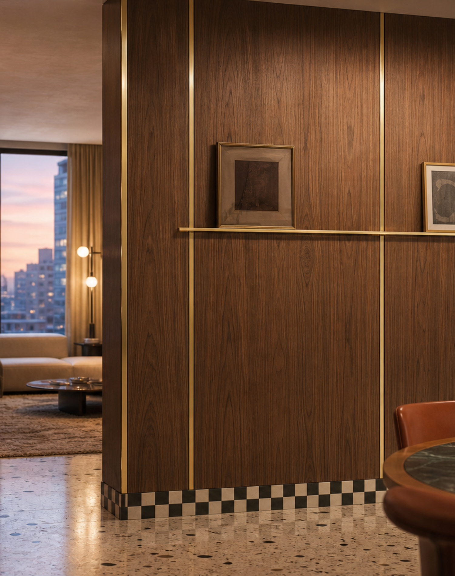 Fadior Terrazzo Wall Panel Suite with Aged Brass Picture Rail — interior room context showing cabinet integration