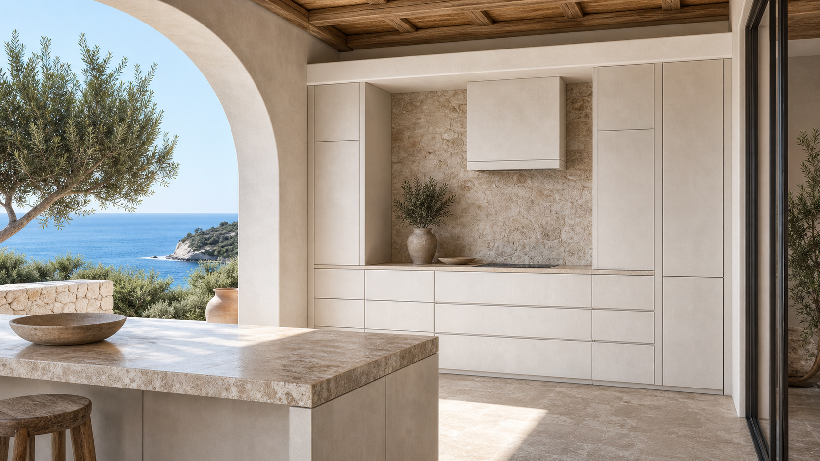 Fadior Terrena Kitchen Suite with Travertine Appliance Alcove — lifestyle setting with natural light and residential styling