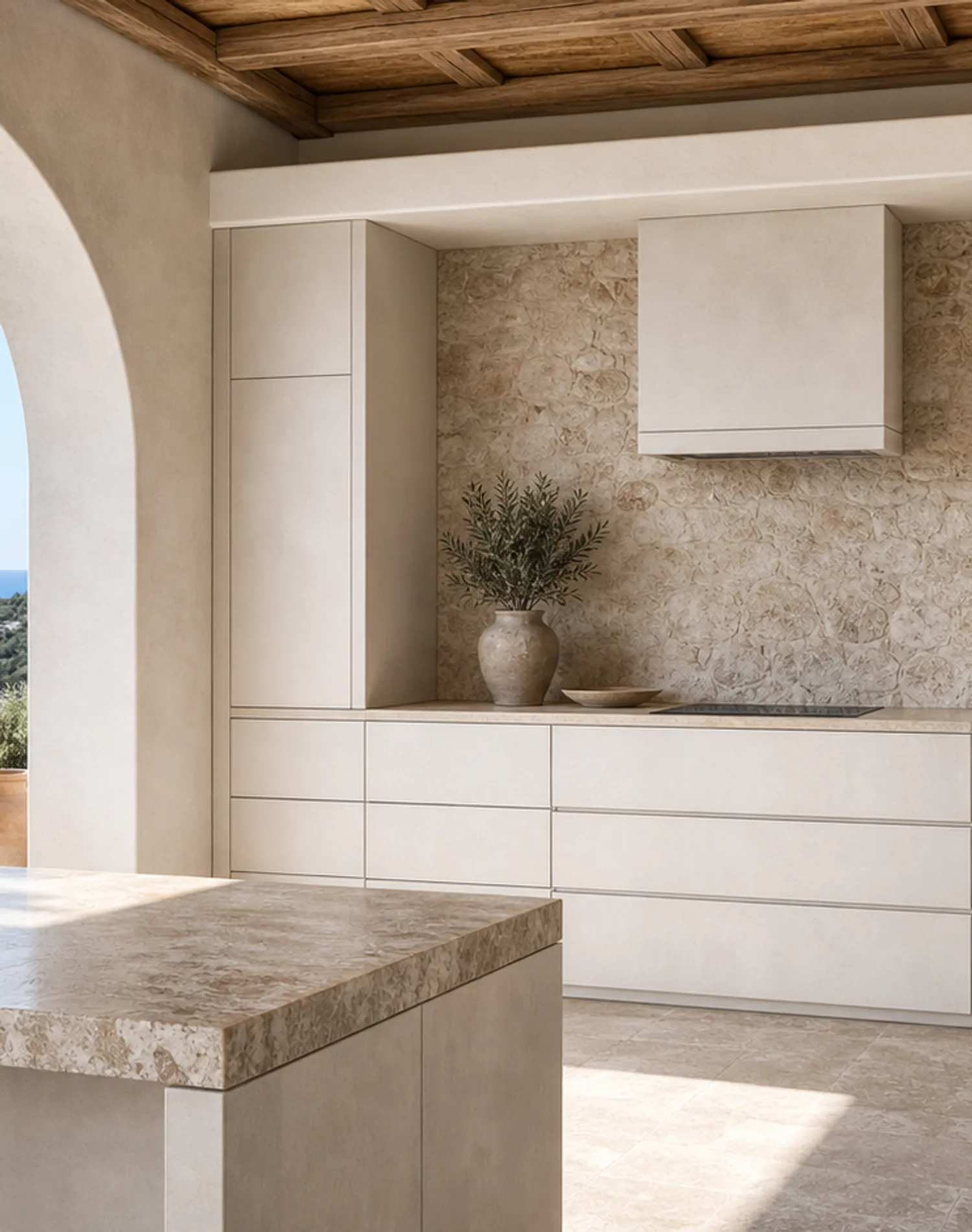 Suite de cocina Terrena con hornacina para electrodomésticos de travertino estudio de adaptación