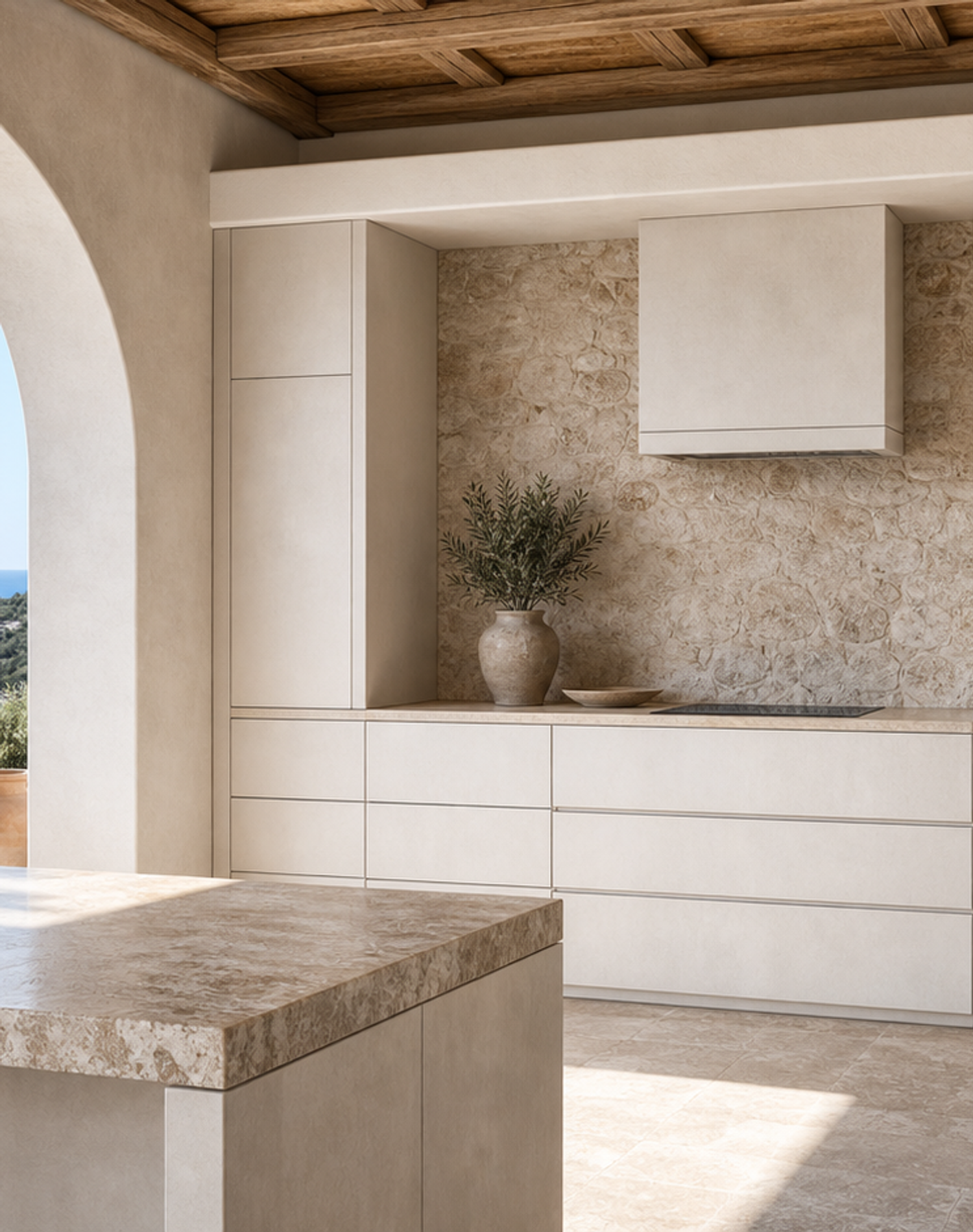 Fadior Terrena Kitchen Suite with Travertine Appliance Alcove — lifestyle setting with natural light and residential styling