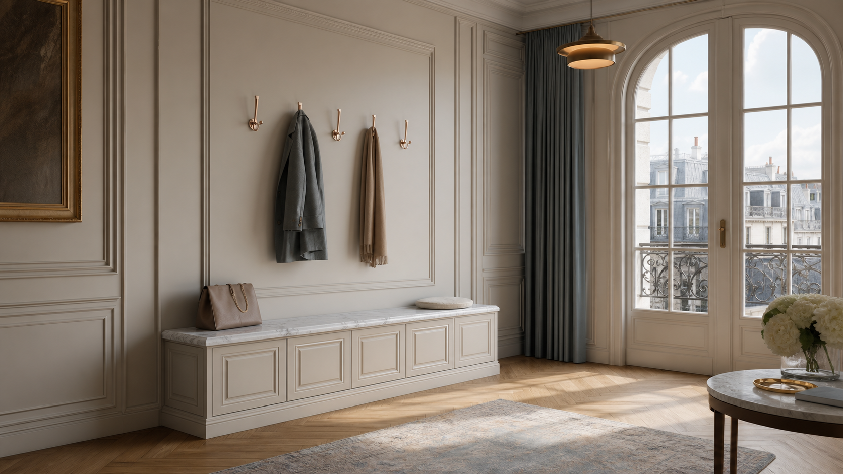Fadior Savile Entryway Suite with Marble Keydrop Valet Bench — lifestyle setting with natural light and residential styling