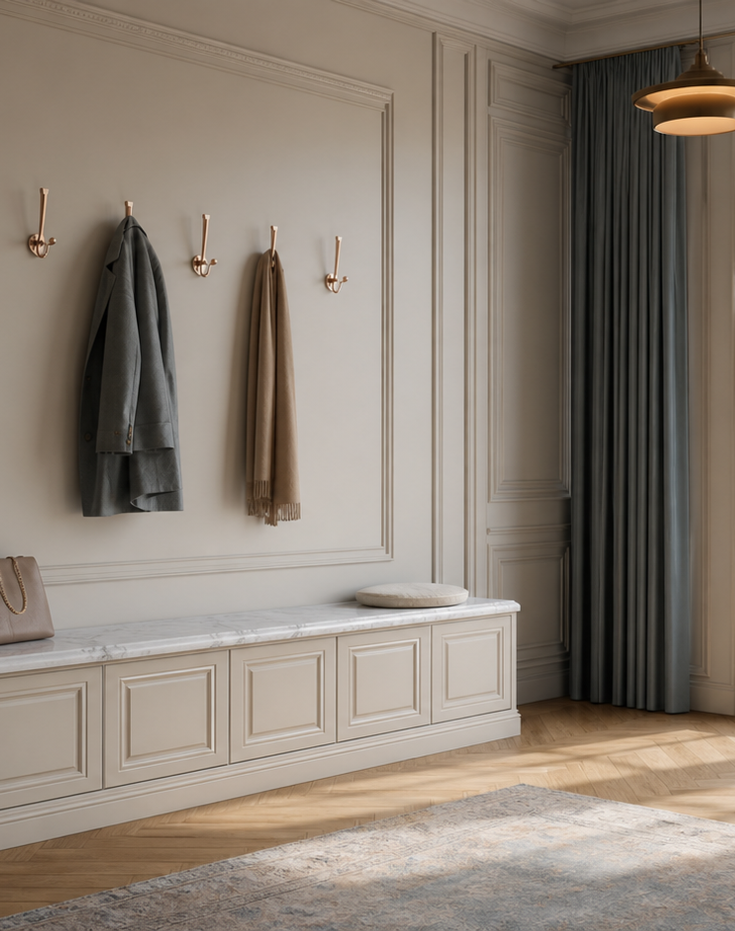 Fadior Savile Entryway Suite with Marble Keydrop Valet Bench — lifestyle setting with natural light and residential styling