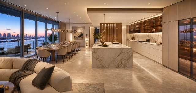 Fadior Miami 180 sqm Flexible Kitchen Apartment — Miami coastal flexible apartment kitchen with island, cabinet wall, travertine floor, marble counter, tinted glass, and skyline glazing