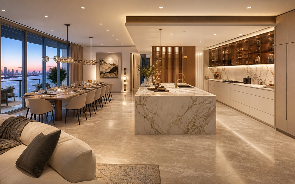 Fadior Miami 120 sqm Kitchen Apartment — Miami coastal apartment kitchen with island, cabinet wall, travertine floor, marble counter, tinted glass, and skyline glazing — 304 stainless steel cabinetry installation by Fadior