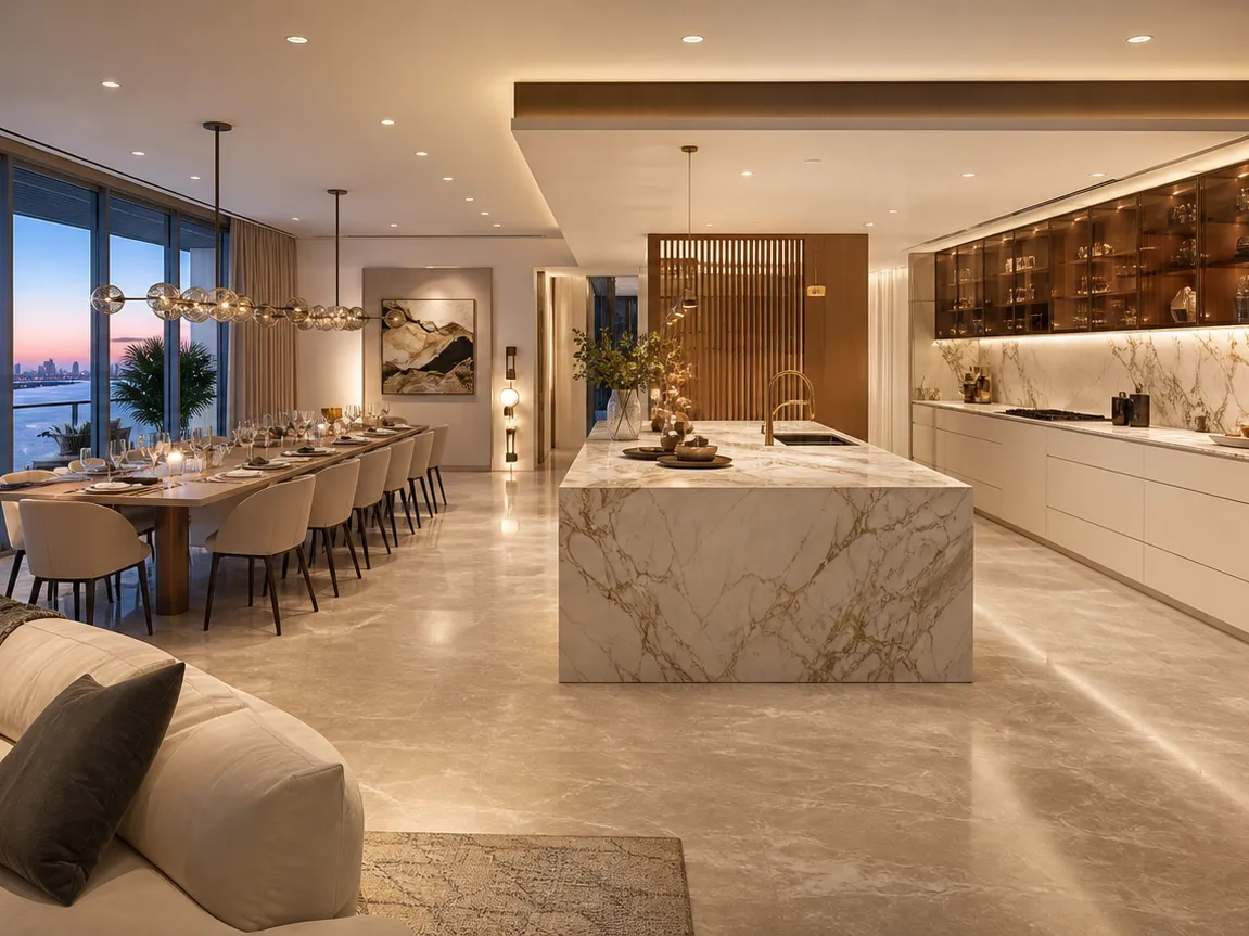 Fadior Miami 180 sqm Flexible Kitchen Apartment — Miami coastal flexible apartment kitchen with island, cabinet wall,