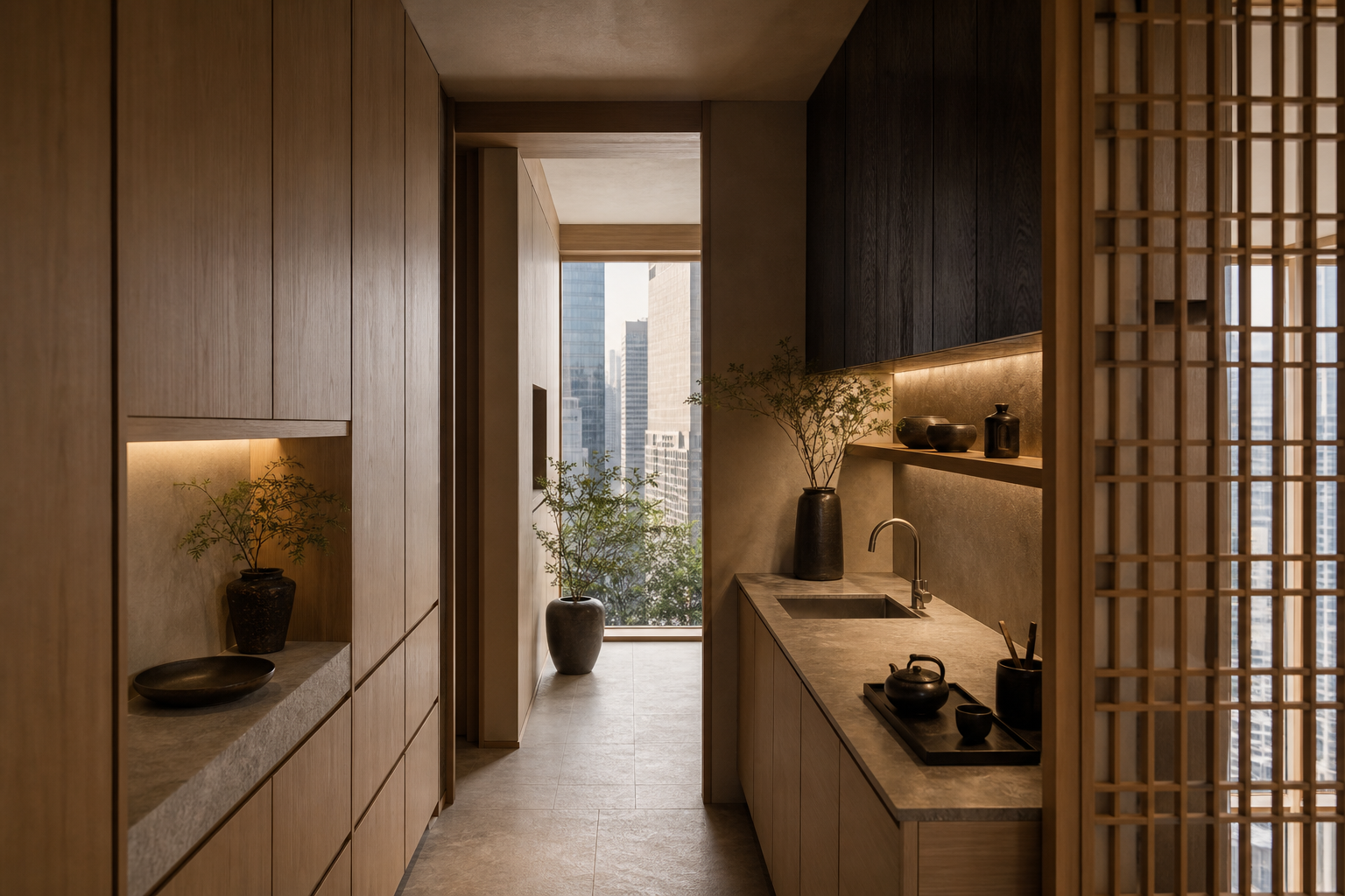 Fadior Tokyo 180 sqm Kitchen Penthouse — pantry counter, tea shelf, wood cabinets, travertine floor, city window
