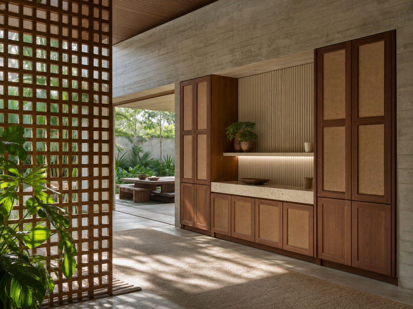Fadior Grotto Wine Cabinet Suite with Fluted Quartz Aperitif Wall — interior room context showing cabinet integration