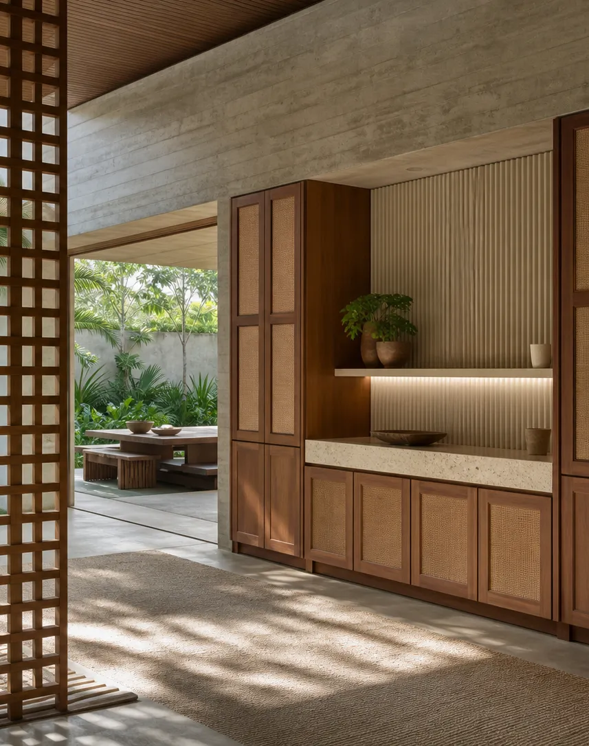 Fadior Grotto Wine Cabinet Suite with Fluted Quartz Aperitif Wall — interior room context showing cabinet integration