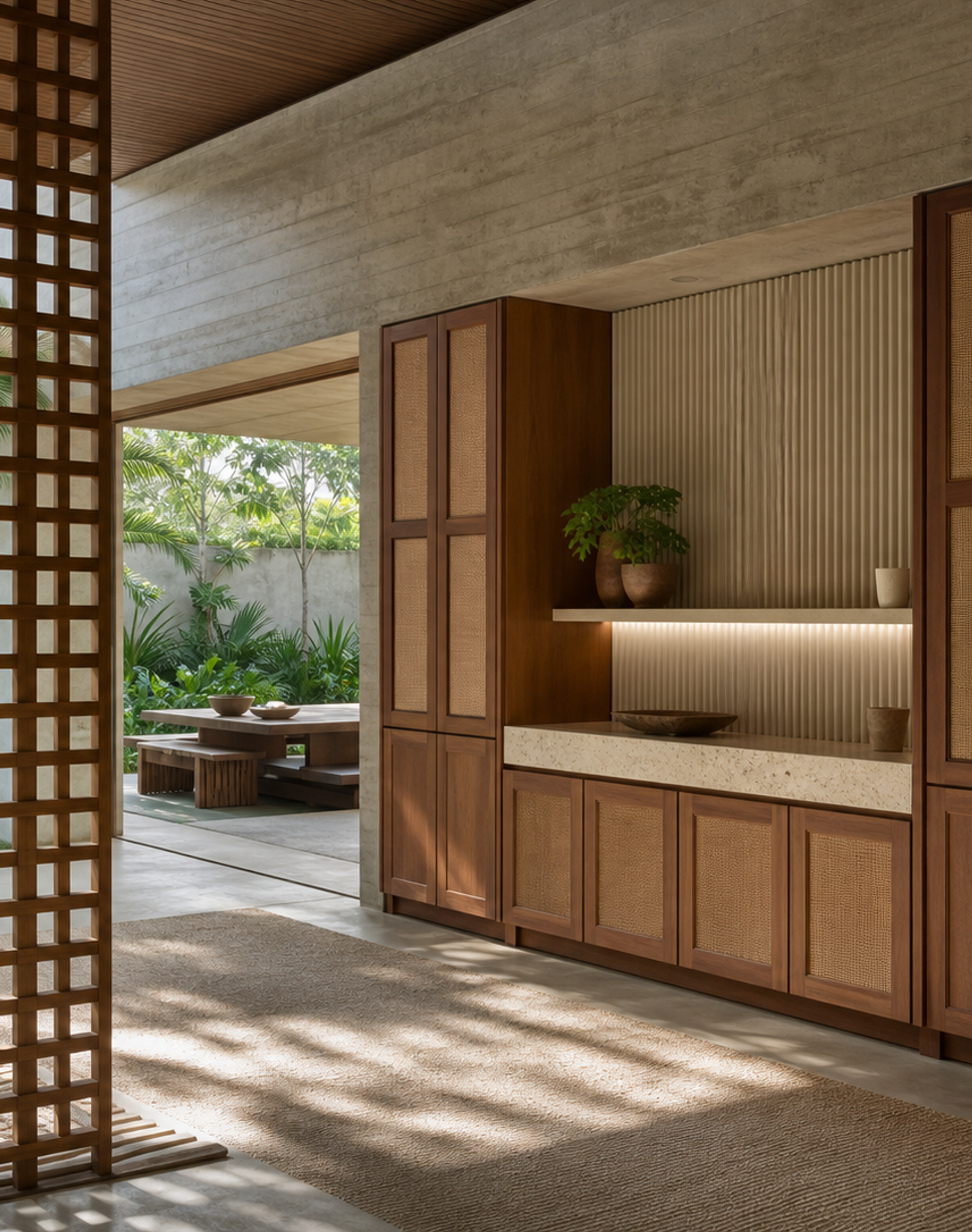 Fadior Grotto Wine Cabinet Suite with Fluted Quartz Aperitif Wall — interior room context showing cabinet integration