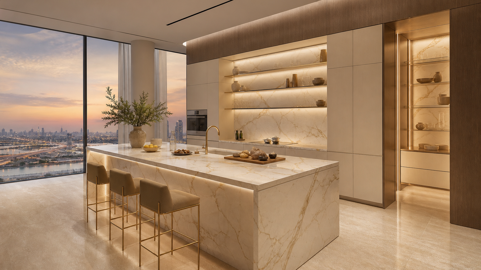 Atmosphere view: luminous smart kitchen suite with marble island, concealed storage, and skyline light.