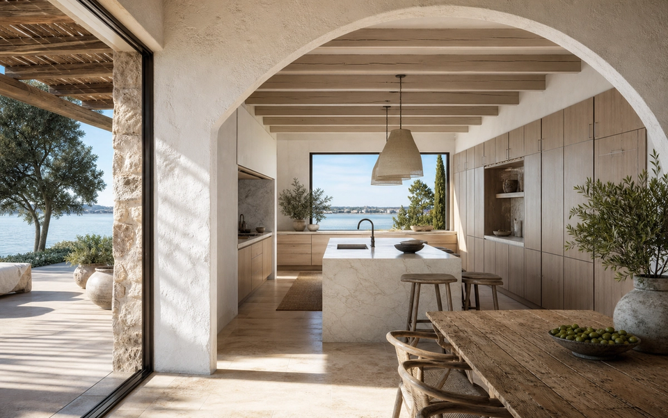 Fadior Venice 350 sqm Kitchen Villa — Venice villa kitchen with marble island, olive wood cabinets, arched plaster wall, — 304 stainless steel cabinetry installation by Fadior