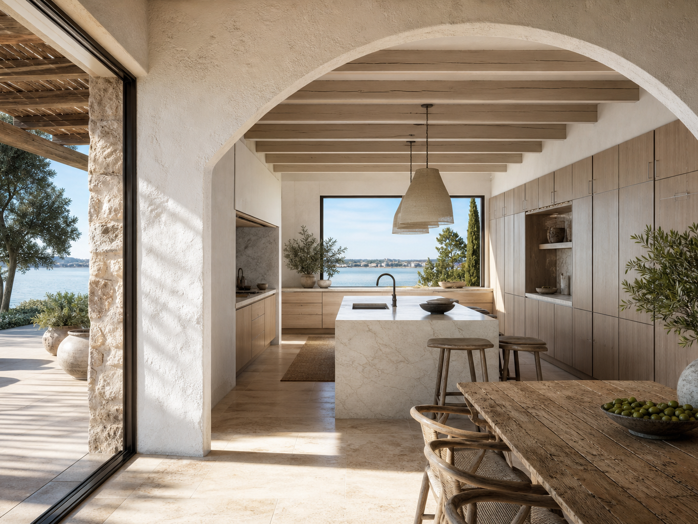 Fadior Venice 350 sqm Kitchen Villa — Venice villa kitchen with marble island, olive wood cabinets, arched plaster wall,