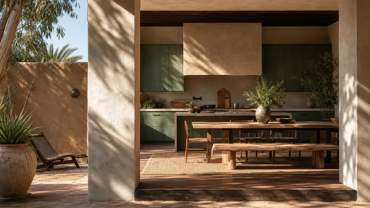 Sunbleached courtyard kitchen showing cabinet budget planning through calm room proportions