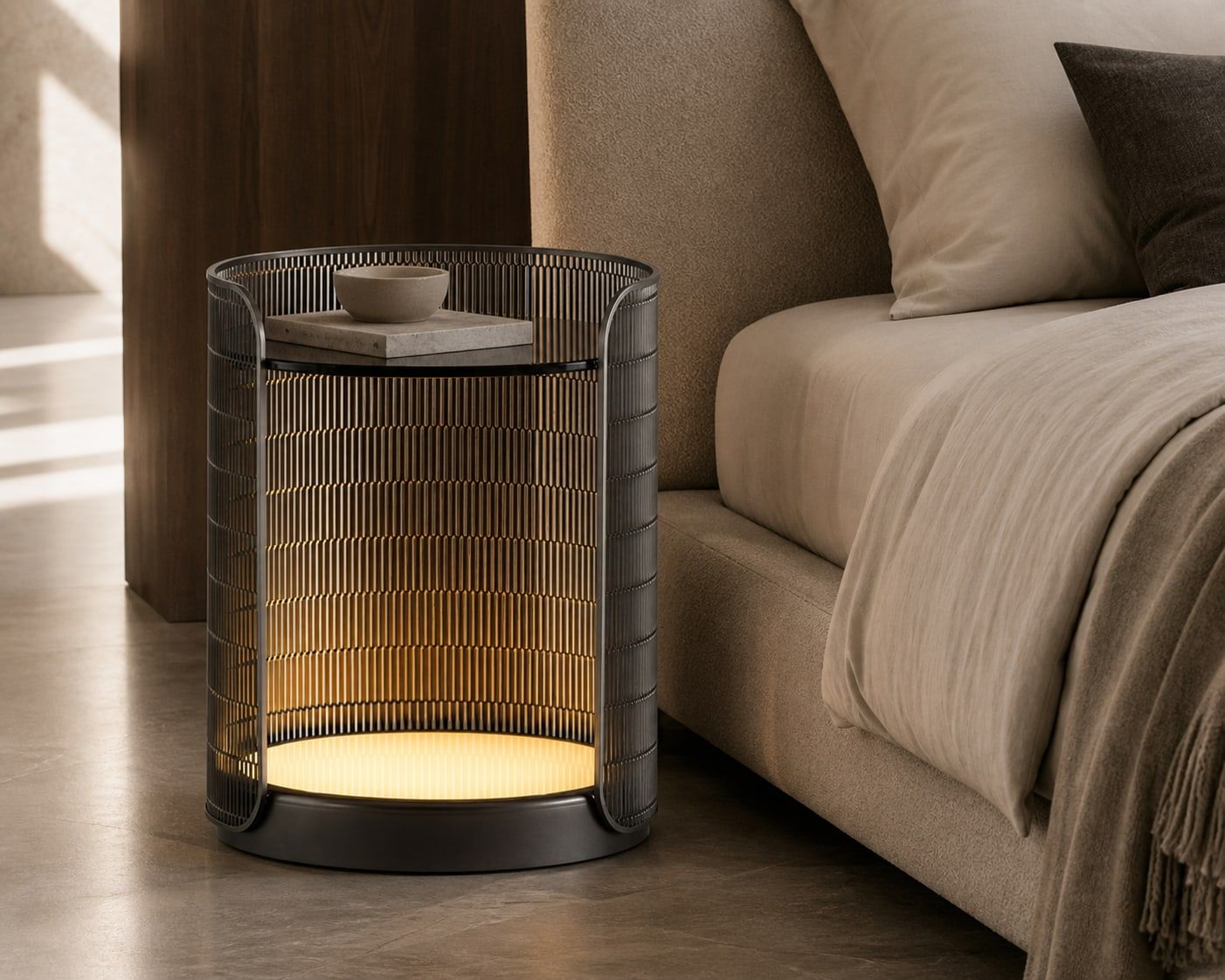 Nightstand (Acrylic) styled in a FADIOR HOME interior setting