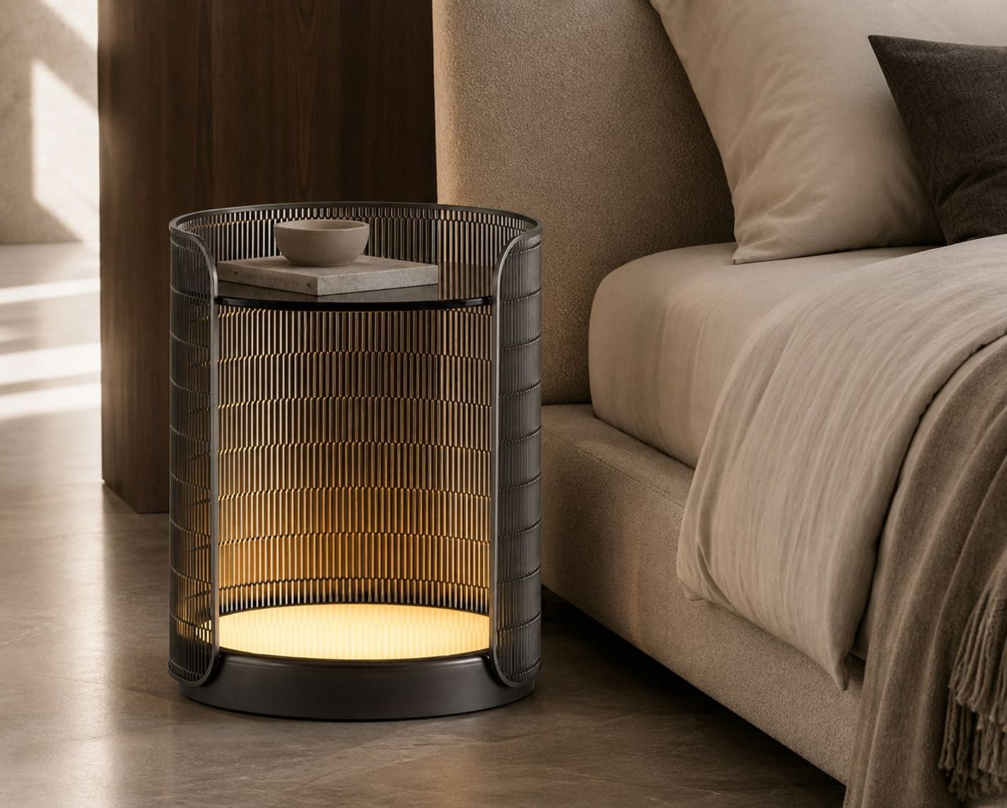 Nightstand (Acrylic) styled in a FADIOR HOME interior setting