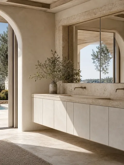 Suite de tocador y baño Verve con pilastra de lavabo estucada blanca