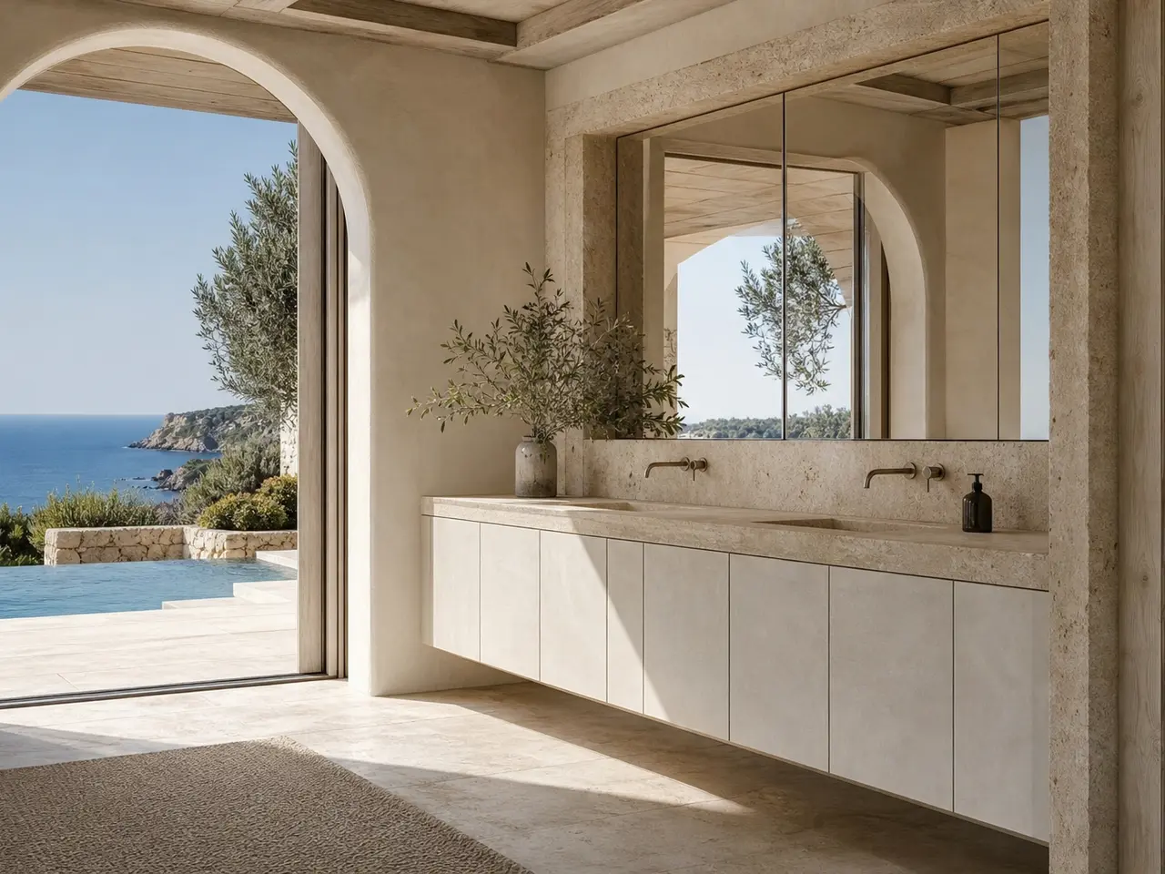Fadior Verve Bath and Vanity Suite with Whitewashed Basin Pilaster - waterproof 304 stainless steel bath vanity with mirror storage, moisture-resistant finishes, and grooming storage