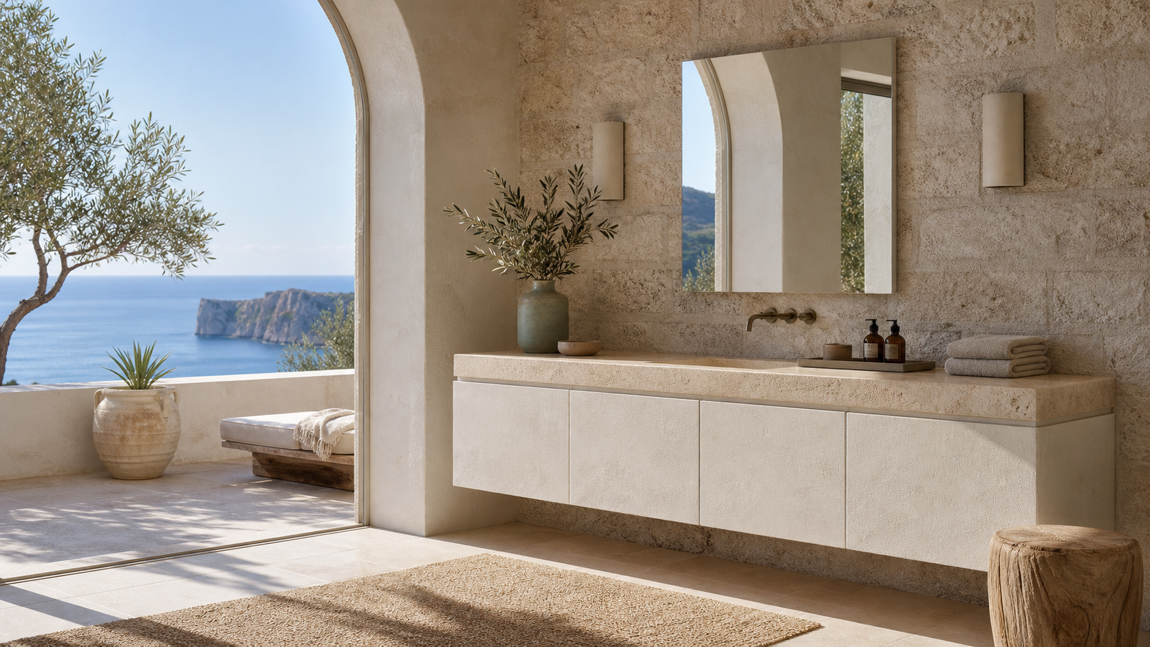 Fadior Solstice Bath and Vanity Suite with Travertine Halo Powder Console — lifestyle setting with natural light and