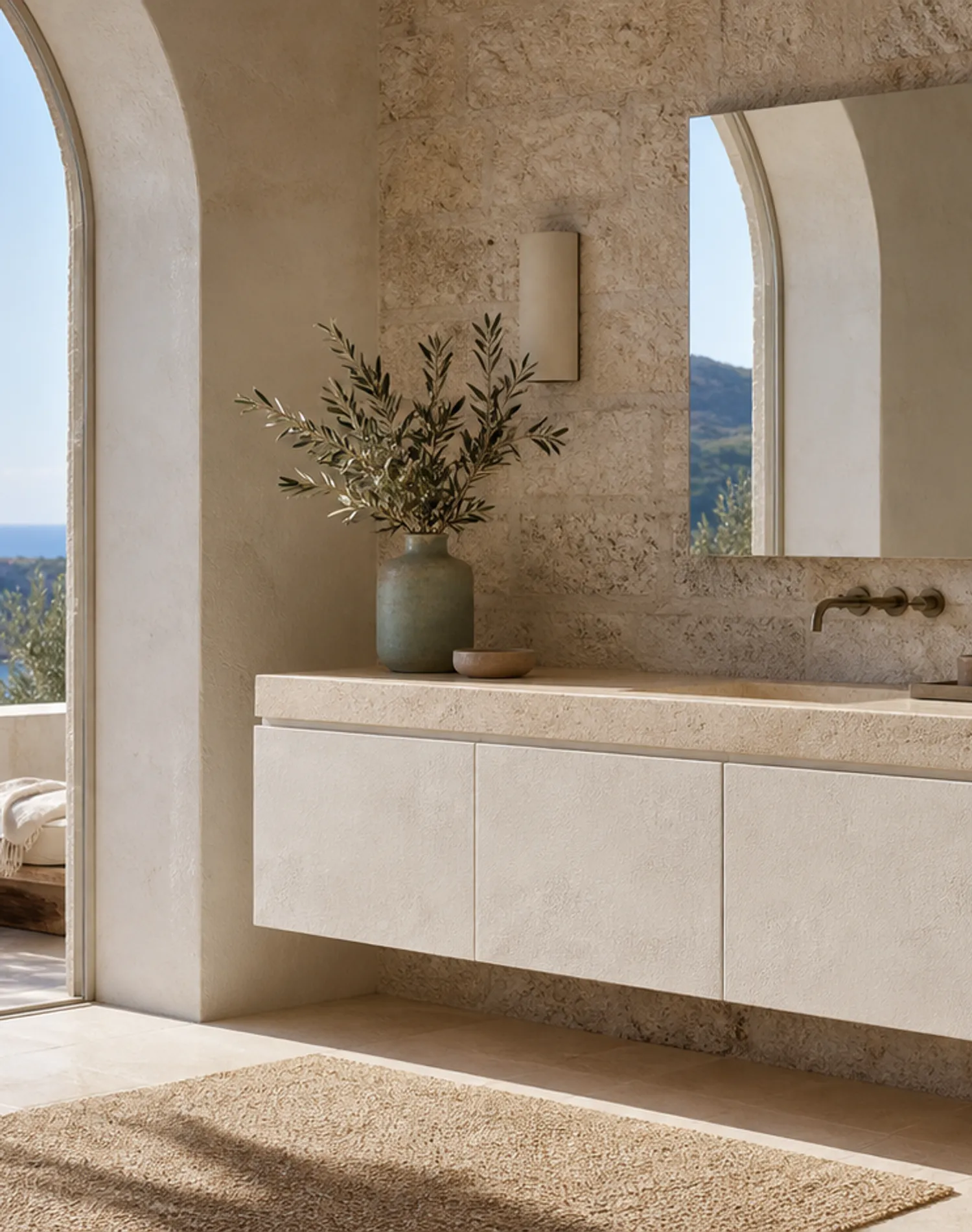Suite de Baño y Tocador Solstice con Mueble Auxiliar Travertine Halo estudio de adaptación