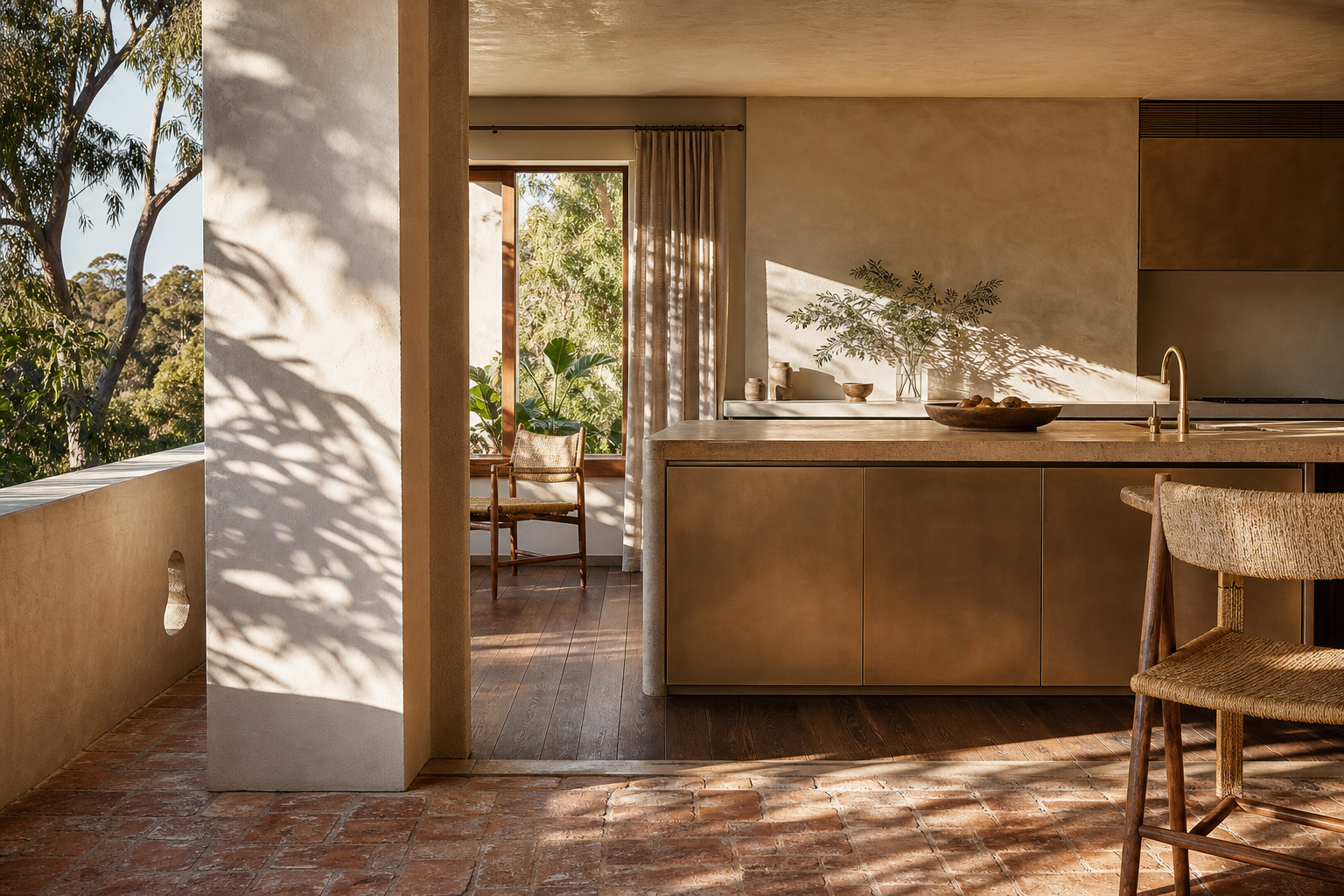 Fadior Sydney 120 sqm Kitchen Apartment — Sydney finish study with cabinet face, counter edge, clay wall, terracotta floor, jute chair, and eucalyptus shadows