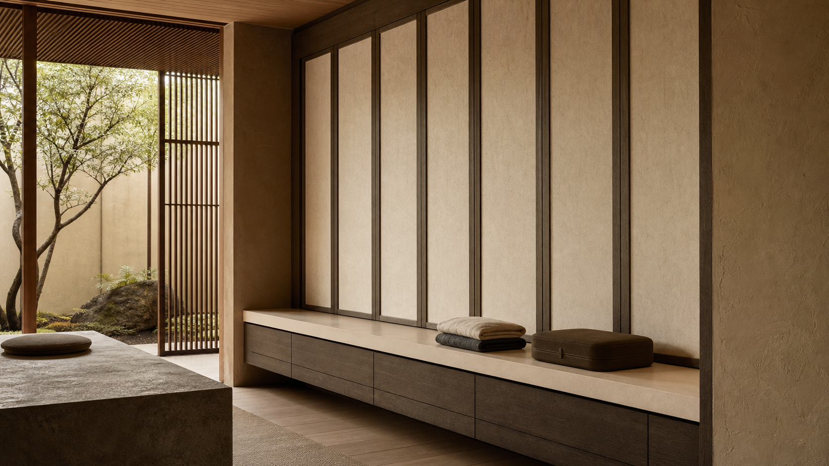 Fadior Resonance Wardrobe Suite with Solid Surface Packing Gallery — lifestyle setting with natural light and residential