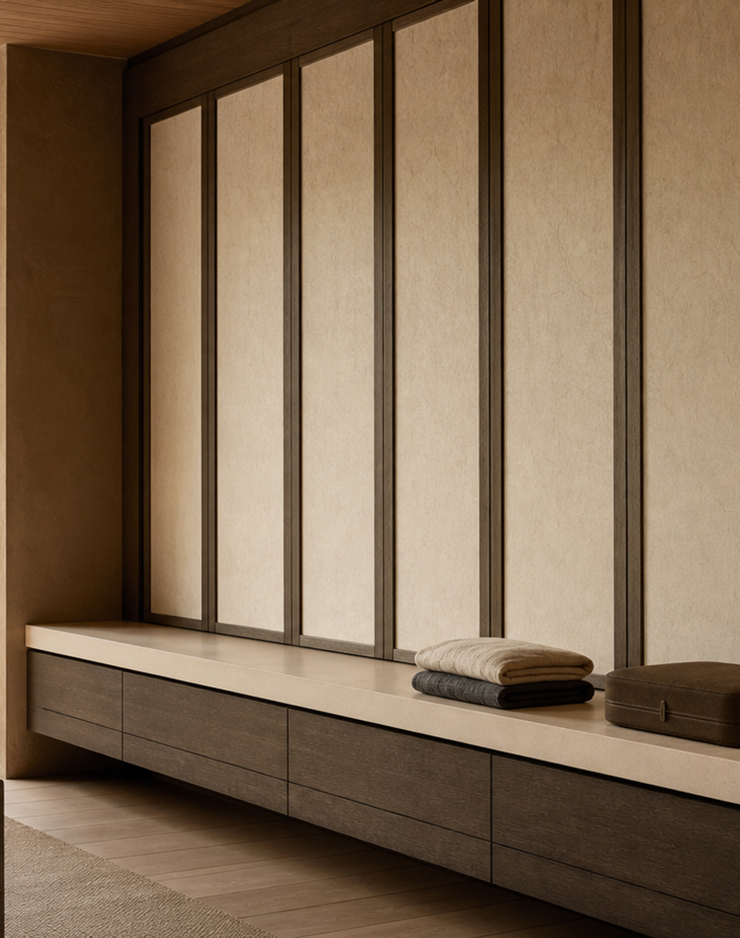 Fadior Resonance Wardrobe Suite with Solid Surface Packing Gallery — lifestyle setting with natural light and residential