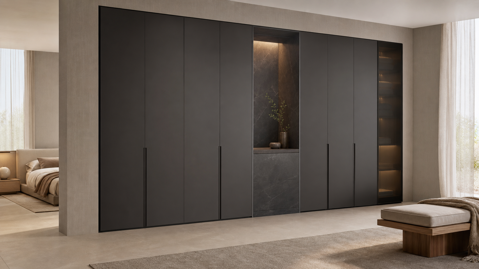Fadior Eclipse Wardrobe Suite with Slate Pivot Dressing Alcove — lifestyle setting with natural light and residential styling