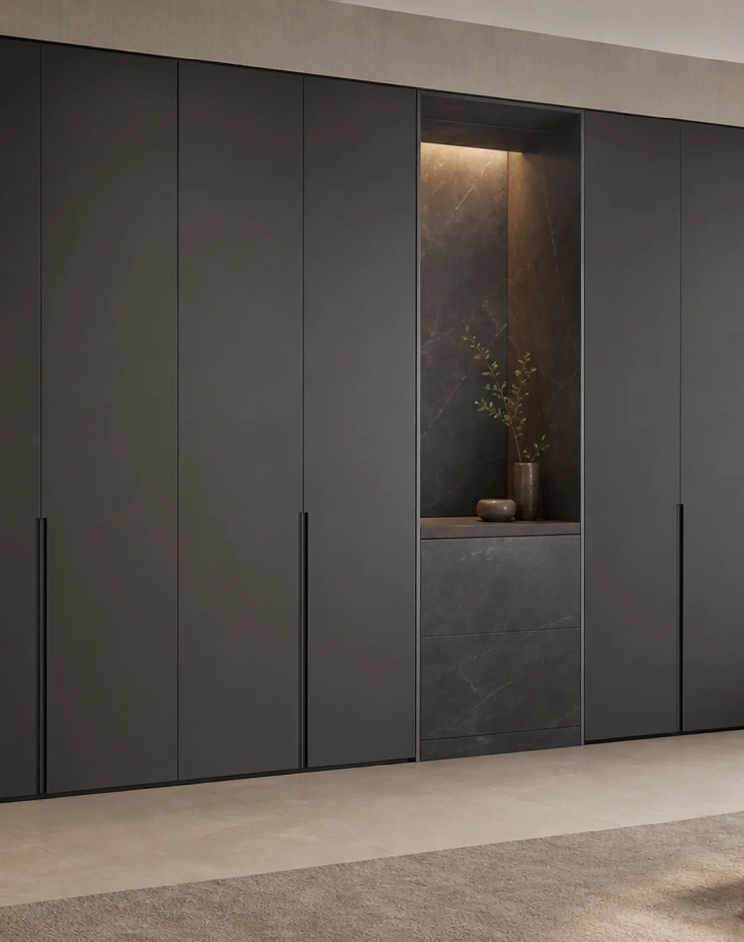 Fadior Eclipse Wardrobe Suite with Slate Pivot Dressing Alcove — lifestyle setting with natural light and residential styling