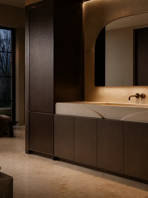 Conjunto de baño y tocador Ethereal con galería de lavabo de arco esculpido