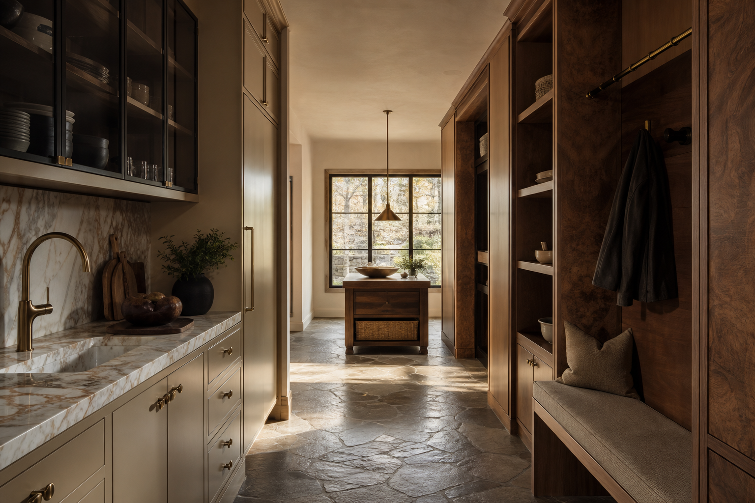 Fadior Denver 600 sqm Kitchen Villa — Denver pantry corridor marble counter, storage cabinet, stone floor, window bench