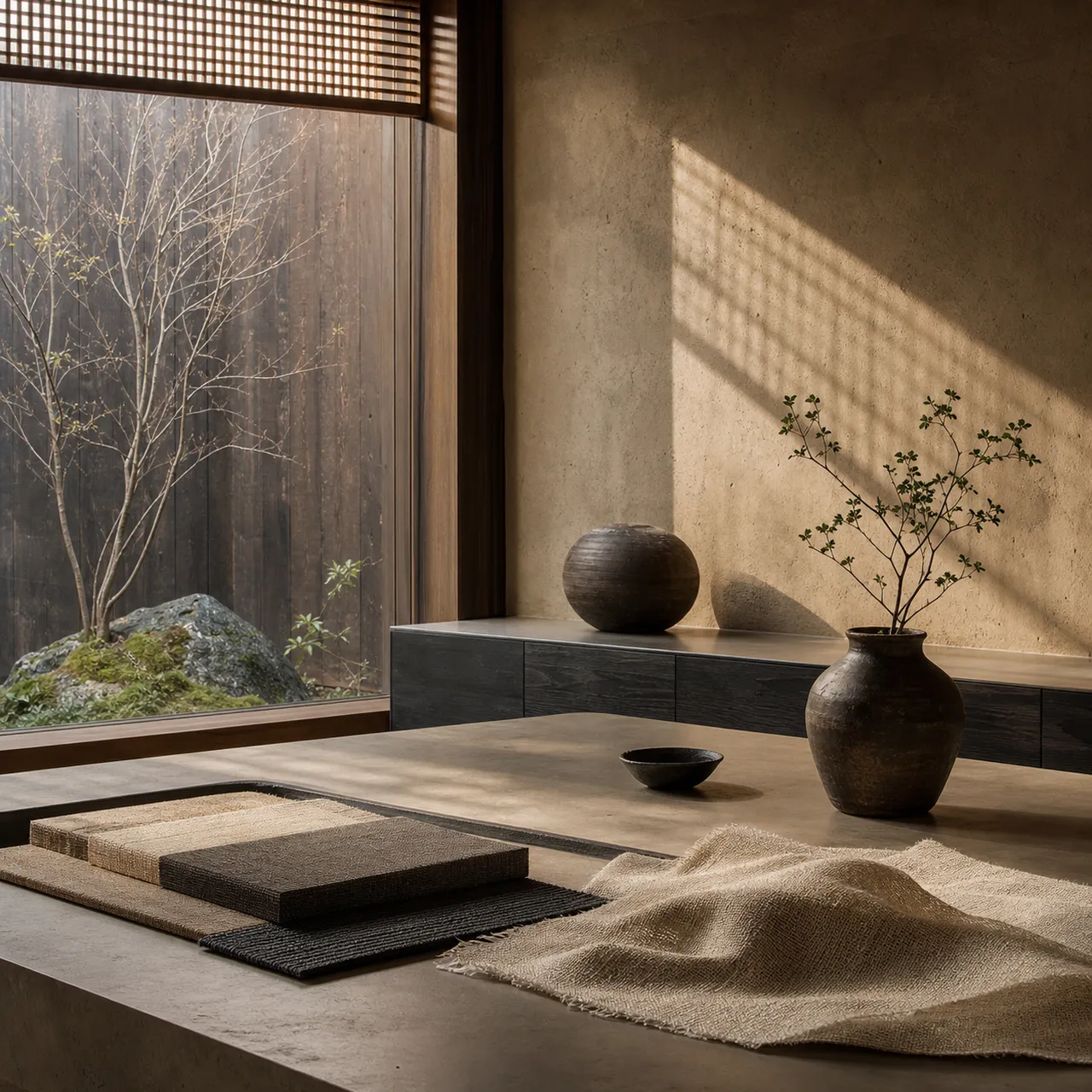 Kitchen material study with clay plaster, woven texture, and soft counter planes for surface decisions.